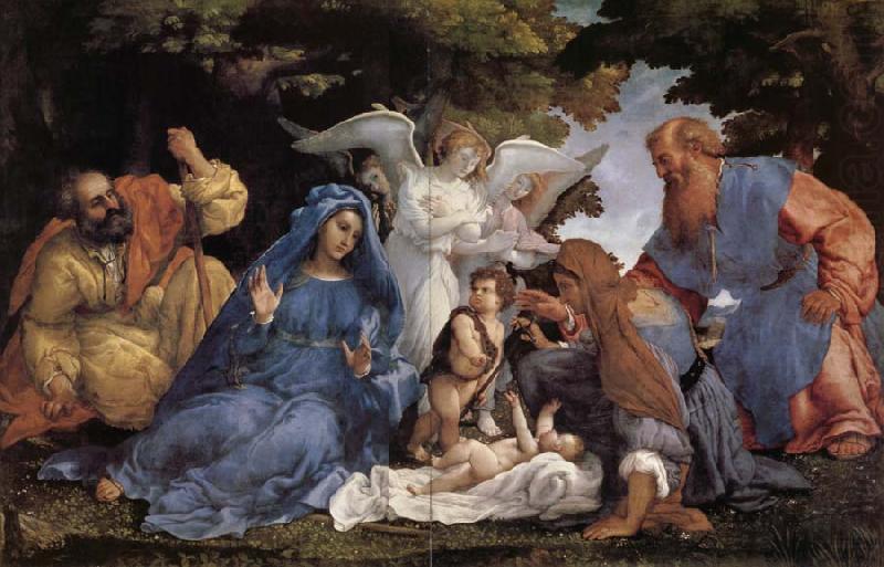 L'Adoration de l'Enfant Jesus avec la Vierge Marie et joseph,Elisabeth et Joachim et trois anges, Lorenzo Lotto